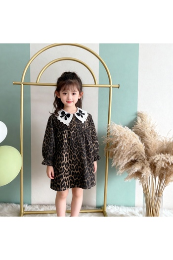 STYLENEST Girls' Cotton Leopard Print Doll Collar Long Sleeve Dress