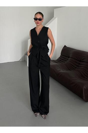 Laluvia Black Miranda Fabric Vest Trousers Set