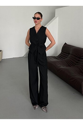 Laluvia Black Miranda Fabric Vest Trousers Set