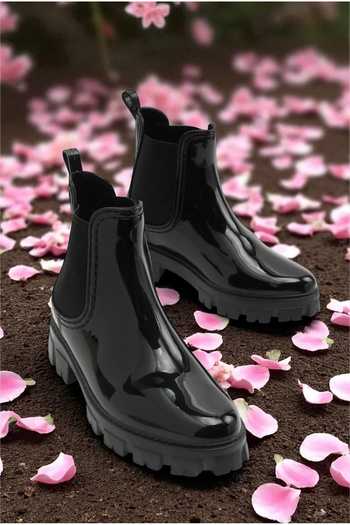 ALTUNTAŞ Women Girls Thick Sole Chelsea Waterproof Boots Rain Boots Black (4cm Heel)