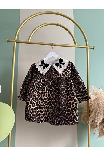 STYLENEST Girls' Cotton Leopard Print Doll Collar Long Sleeve Dress