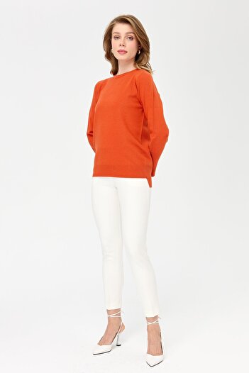 Desen Triko Women's Crew Neck Seamless Short Front Long Back Blouse Orange