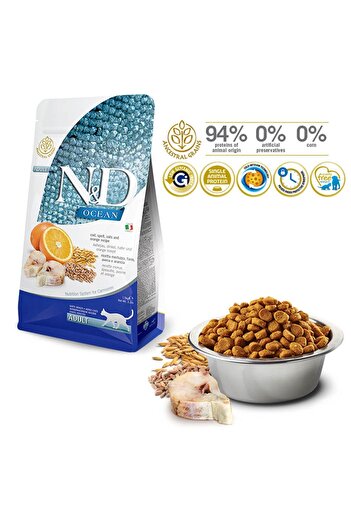 N&D Ocean Az Tahıllı Morina Balıklı&Portakallı Yetişkin Kedi Maması 1,5 K