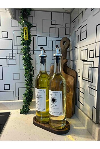 Amentes 2-Piece Oil and Vinegar Bottle with Wooden Stand 750 ml Olive Oil Liquid Bottle Transparent Oil Pot Oil Pot