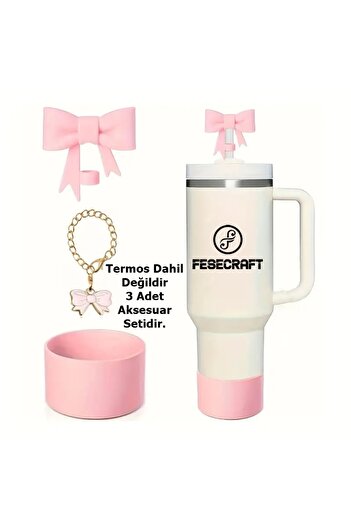Stanley Quencher 30 - 40 oz 3-Piece Accessory Set with Stopper, Ribbon, Charm, Base Protector, Silicone, Pink