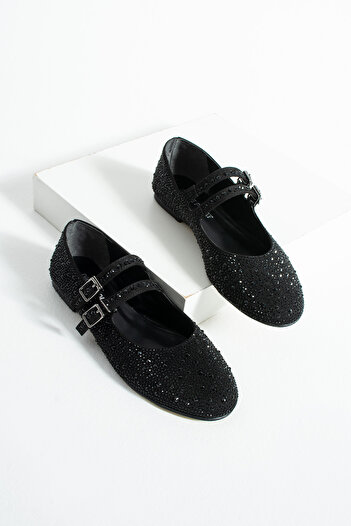 diclepolat Women's Black Stone Mary Jane Ballerina Crystal
