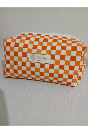 dora ev tekstıl Makeup Bag Orange Checkered《Duck Fabric》