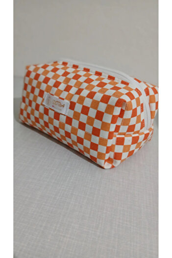 dora ev tekstıl Makeup Bag Orange Checkered《Duck Fabric》