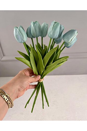 PEKİBU 10-Piece Artificial Wetted Tulip Bouquet, 1St Quality, Mint Green