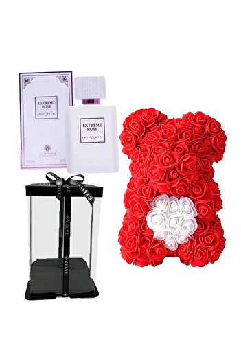 velve Girls gift set, Floral teddy bear with white foam heart 25 cm, Louis Varel perfume, red and white