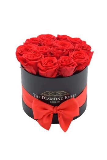 velve Red Passion floral arrangement round black box, 35