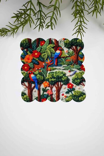 decofav 3D Tropical Jungle and Parrot Pattern Digital Printed Laser Cut Fabric Cocktail Napkin 1 Piece