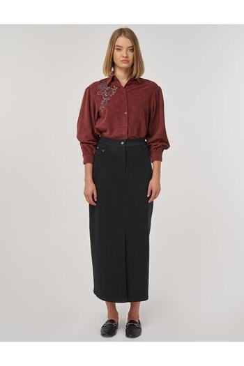 Kayra Slit Detailed Denim Skirt Black