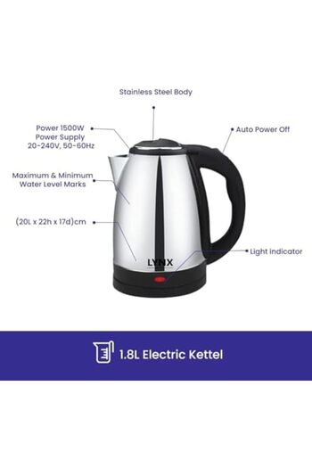 LYNX Electric Stainless Steel Kettle by Lynx, 1.8L Capacity, 1500 Watts - Durable, Stylish Design, Fast B