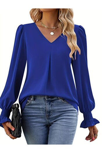 Melek Moda Mrpurple Women's Long Sleeve V-Neck Loose Imported Crepe Blouse