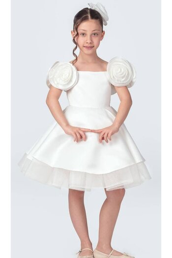 Tarz Çocuk White Rose Detailed, Puffy Skirted Girl's Special Occasion Evening Dress