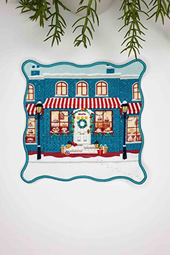 decofav New Year's Shop Designed Blue Embroidered Edge Fabric Cocktail Napkin 1 Piece