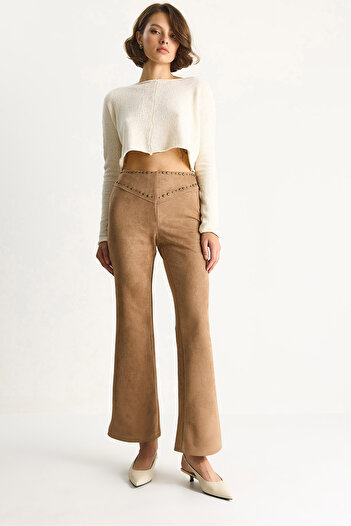 Bianco Lucci Women's Metal Detailed Faux Suede Flared Trousers 7058 60283541