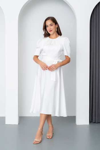 Lafaba Women's White Balloon Sleeve Midi Satin Dress