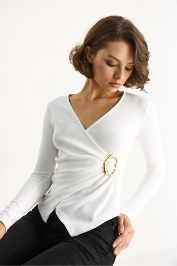 Bianco Lucci Women's Double Breasted Collar Gold Buckle Detailed Long Sleeve Blouse 2280 60283517