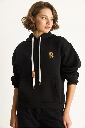 Bianco Lucci Women's Embroidered Kangaroo Pocket Hooded Ribbed Loose Sweatshirt 6872 60283523