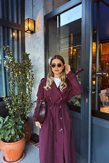 Sue Store Burgundy Front Gathered Buttoned Lined Maxi Trench Coat