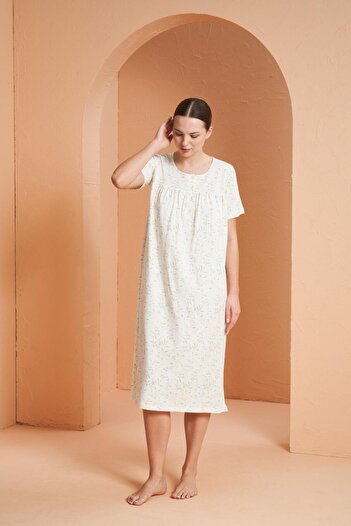 PJS Women's Floral Patterned Buttoned Collar Short Sleeve Nightdress