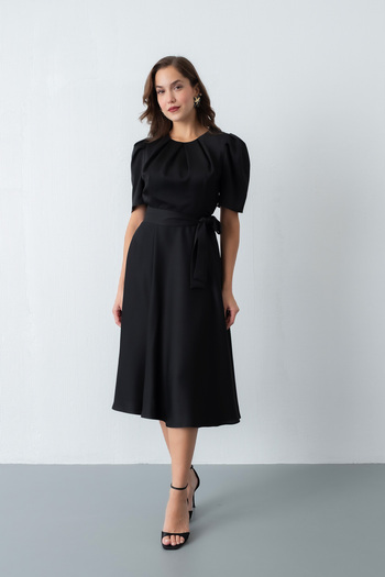 Lafaba Rochie midi din satin cu mâneci balon negre pentru femei