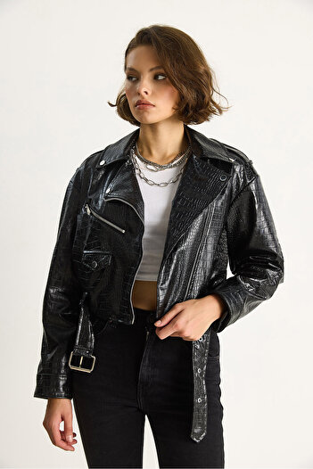 Bianco Lucci Γυναικείο μπουφάν με ζώνη Crocodile Crocodile Faux Leather Jacket 3131 60284105