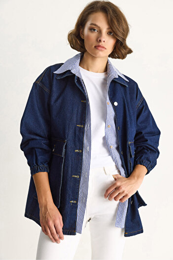 Bianco Lucci Women's Large Pocket Detailed Elastic Sleeve Denim Jacket 6086 60283534