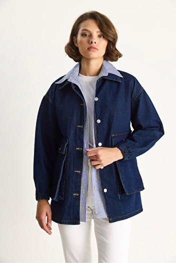 Bianco Lucci Women's Large Pocket Detailed Elastic Sleeve Denim Jacket 6086 60283534