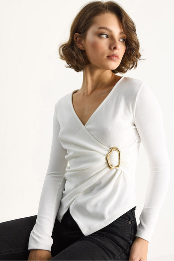 Bianco Lucci Women's Double Breasted Collar Gold Buckle Detailed Long Sleeve Blouse 2280 60283517