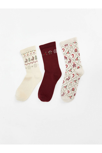 LC Waikiki Ma Bella Ecru Christmas Themed Women's Socks 3-Piece Set