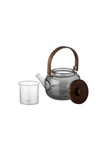 Generic 1 liter black transparent glass tea kettle with wooden handle
