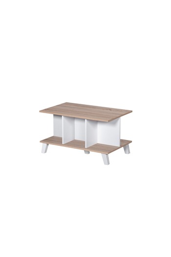 BAITY Two-Tier Coffee Table with Malaysian Wood Shelves in White and Light Brown