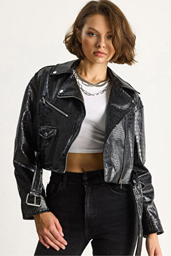 Bianco Lucci Γυναικείο μπουφάν με ζώνη Crocodile Crocodile Faux Leather Jacket 3131 60284105
