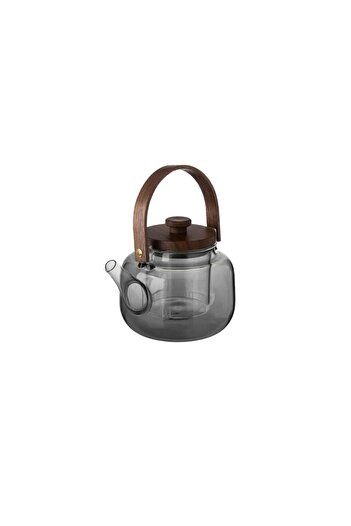 Generic 1 liter black transparent glass tea kettle with wooden handle