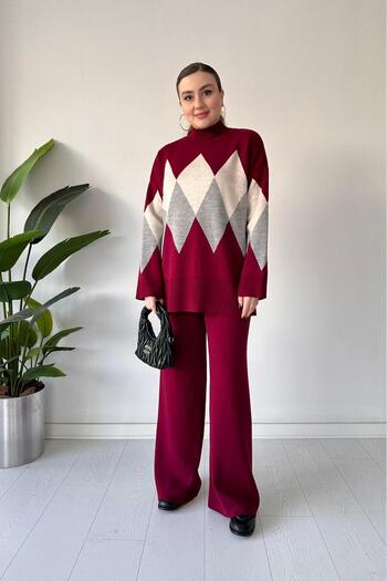 MaziButik Baklava Sweater Double Set Burgundy