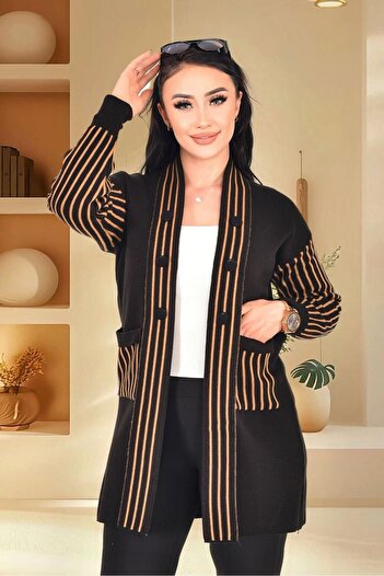 Home 1020 - endless stripe fabric trim button pocket cardigan