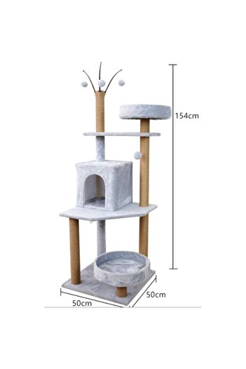 OEM Cat Play Tower with 4 Platforms, Bowl House, Tassels, Height 154 cm