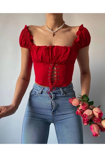 Bak Moda Zipper Detailed Front Tie Red Crop