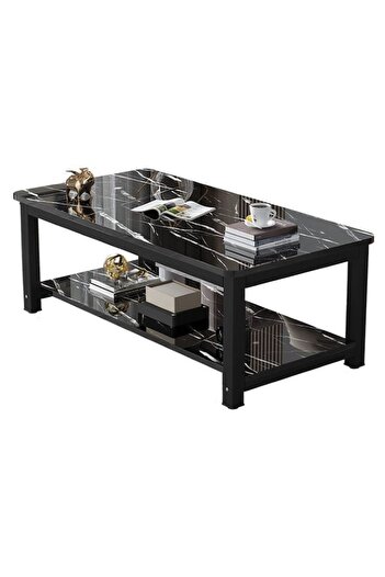 OEM Rectangular Decorative Table, Black Metal Frame, Marble-like MDF Top, Industrial Style, 80x40cm
