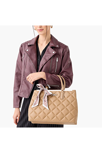 Bessie London Quilted Tote Bag with Double Handle and Scarf Detail