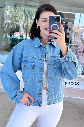 İnce Topuk Short Denim Jacket with Large Pockets 6K008