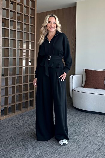 Laluvia Black Belted Trousers with Pencil Suit - 7278