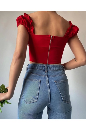Bak Moda Zipper Detailed Front Tie Red Crop