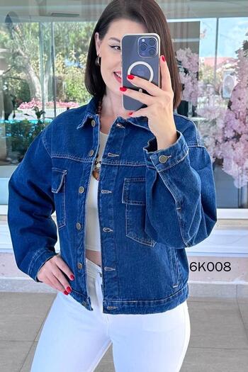 İnce Topuk Short Denim Jacket with Large Pockets 6K008