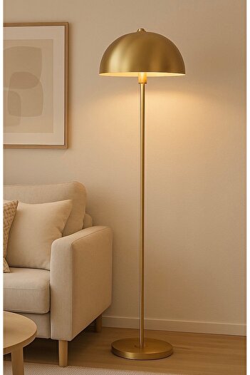 Fico Home Modern Tasarım Torche Ayaklı Lambader Eskitme Gold Gövde Metal Abajur Lambader