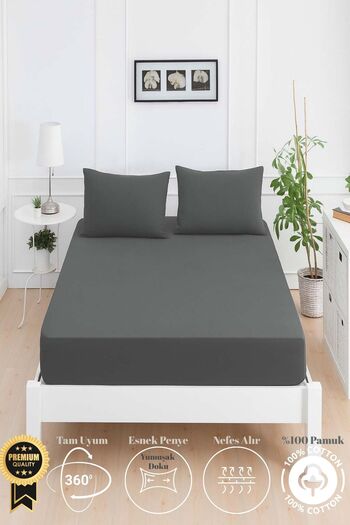 Mislina Home Mirava Premium 100% Cotton Combed Elastic Single Bed Sheet Set (Includes 1 Pillowcase) Anthracite