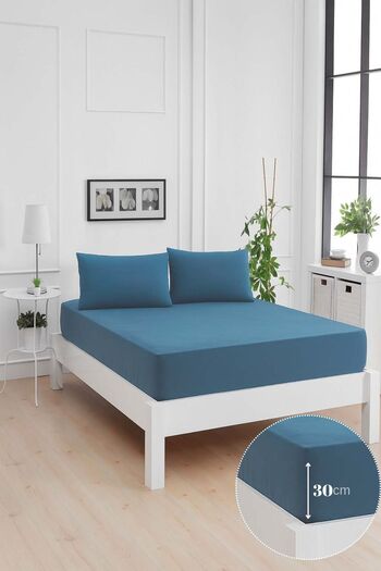 Mislina Home Mirava Premium %100 Pamuk Penye Lastikli Tek Kişilik Çarşaf Takımı (1 Yastık Kılfı Dahil) İndgo Mavi